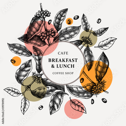 Hand sketched coffee wreath trendy design. Perfect for recipe, menu, label, icon, packaging. Vintage coffee plant template with leaves, beans, and flowers. 