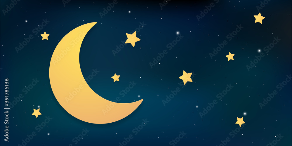 Cartoon night sky with moon and stars. Illustration of outer space