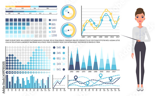 Young beautiful slender businesswoman, secretary or top manager points to presentation. Woman in black pants and white blouses. Set of colorful diagrams, bar and pie charts. Business infographics