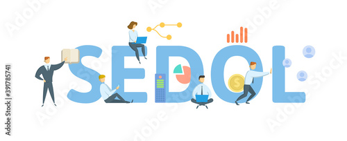 SEDOL, Stock Exchange Daily Official List. Concept with keywords, people and icons. Flat vector illustration. Isolated on white background.