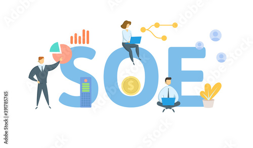 SOE, Standard Operating Environment. Concept with keywords, people and icons. Flat vector illustration. Isolated on white background.