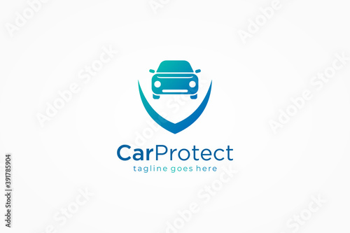 Car Protection Logo. Simple Car Icon with Shield Combination isolated on White Background. Usable for Transportation and Technology Logos. Flat Vector Logo Design Template Element.