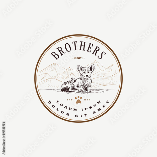 Two brothers puppy with mountain range in background, hand drawn logo round emblem design