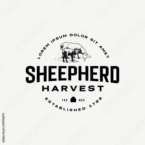 Sheep and  lamb shepherd eating grass logo vintage retro logo template