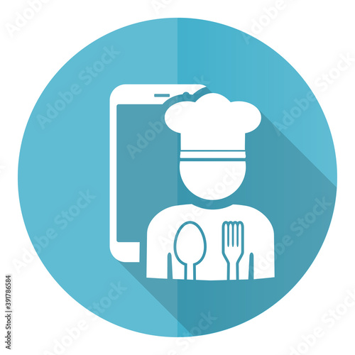 Mobile phone, online restaurant, chef blue vector icon, flat design illustration in eps 10