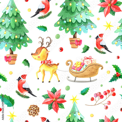 Christmas watercolor seamless pattern.Deer Holly sledge Bullfinch berry green leaves christmas tree pine on white background.Hand-drawn Winter Botanical illustration