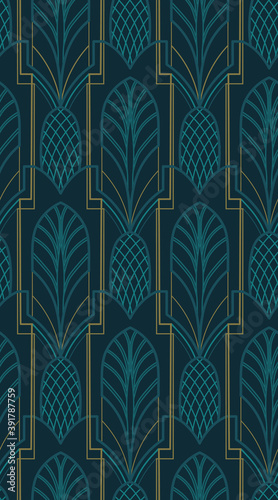 seamless pattern with leaves, pineapple, art deco graphic style for for branding, merch designs, crafts, fashion, wrapping, packaging, wallpapers, fabric, textile, home decor items 