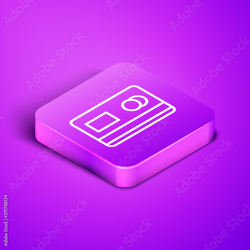 Isometric line Credit card icon isolated on purple background. Online payment. Cash withdrawal. Financial operations. Shopping sign. Purple square button. Vector Illustration.