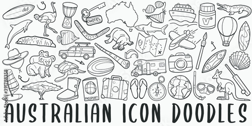 Australia doodle icon set. Australian Life Style Vector illustration collection. Banner Hand drawn Line art style.