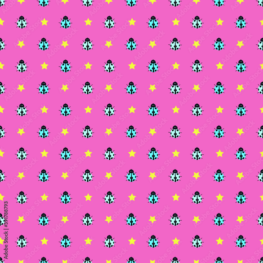  blue bugs and stars with pink background seamless repeat pattern