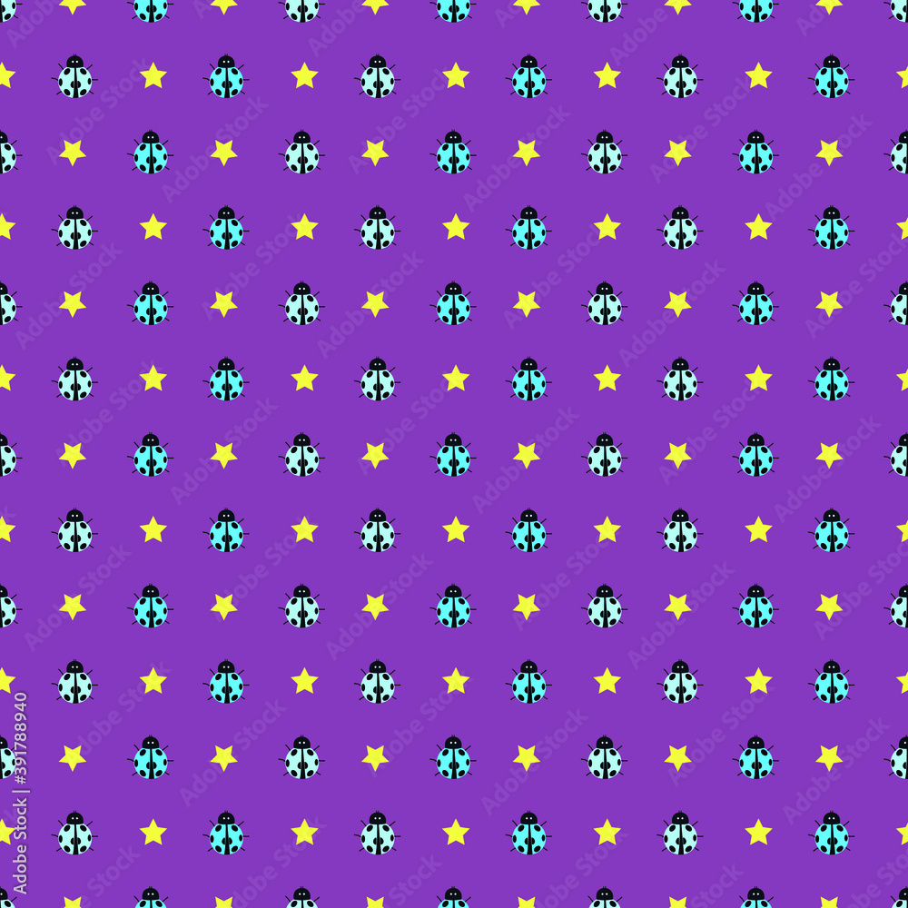 blue bugs and starswith purple background seamless repeat pattern