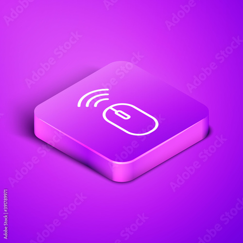 Isometric line Wireless computer mouse system icon isolated on purple background. Internet of things concept with wireless connection. Purple square button. Vector.