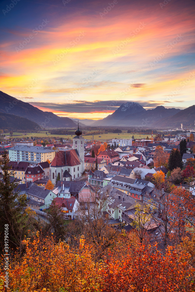 Liezen, Austria. Cityscape image of Liezen, Austria at beautiful autumn sunset.