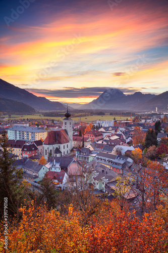 Obraz na płótnie Liezen, Austria. Cityscape image of Liezen, Austria at beautiful autumn sunset. w salonie