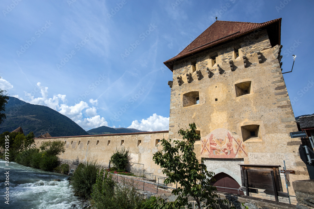GLORENZA, ITALY, SEPTEMBER 11, 2020 - The ancient medieval walls of Glorenza, province of Bolzano, South Tyrol, Italy