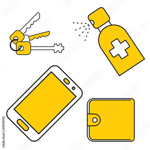 Protection personal effects from coronavirus bacteria. Sanitizer spray for disinfecting hands, phone, wallet, keys. Smartphone disinfection. Disinfection of all surfaces. Vector