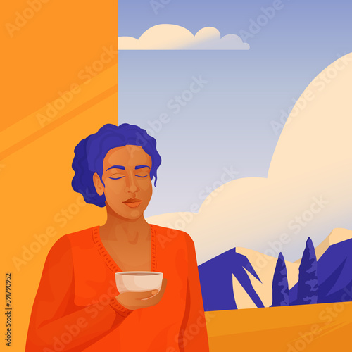 Vector illustration of a girl drinking tea or coffee in a mountain house on the terrace. Autumn and winter holidays, hotels and inns on the mediterranean sea, cypresses and mountains