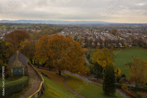 Warm golden colours in autumn with a view of the ribble valley. Colourful autumn leaves in clitheroe