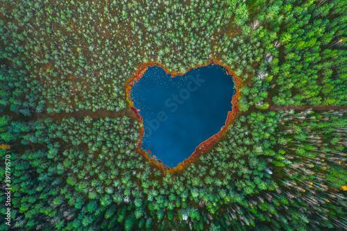 Heart shaped lake in the forest, aerial view
