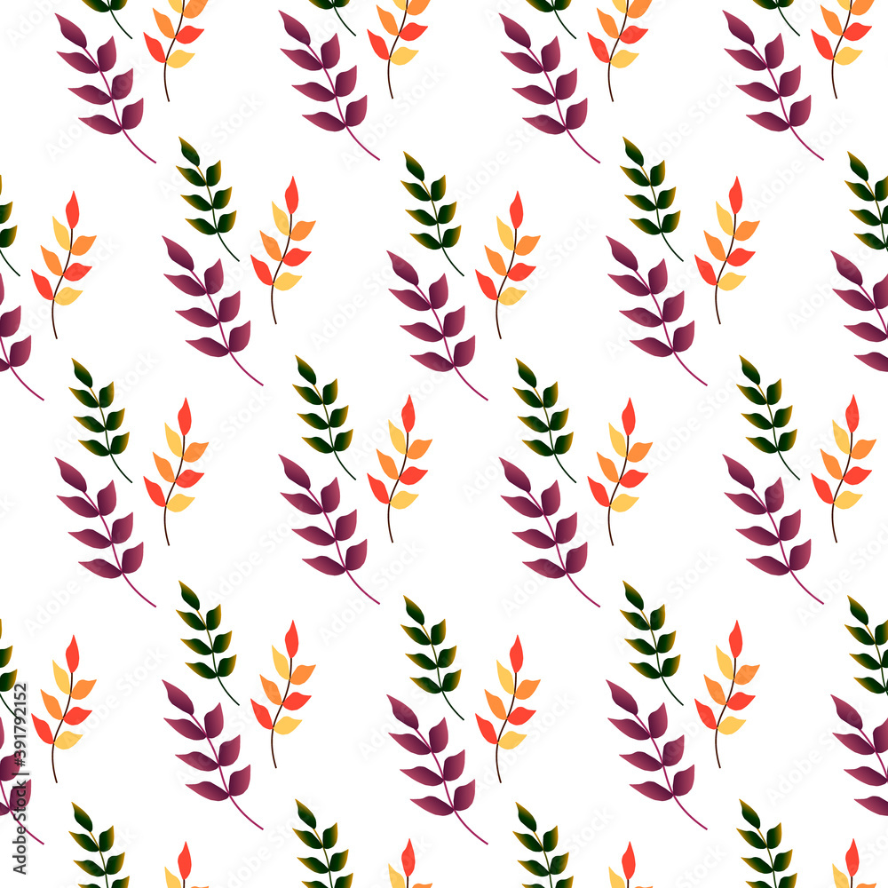 A pattern of colorful leaves - green, purple and orange-yellow. Vector illustration isolated on white background. For fabrics, packaging, scrapbooking and decor. A pattern of colorful leaves - green, purple and orange-yellow. Vector illustration isolated on white background. For fabrics, packaging, scrapbooking and decor.