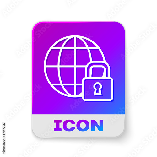 White line Global lockdown - locked globe icon isolated on white background. Rectangle color button. Vector.