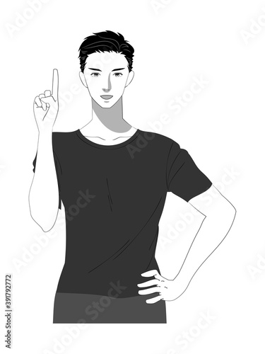 若い男性の上半身イラスト　白黒