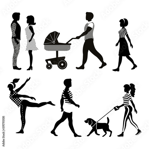 Group of people isolated on white background. Men and women in different situations. Vector illustration.