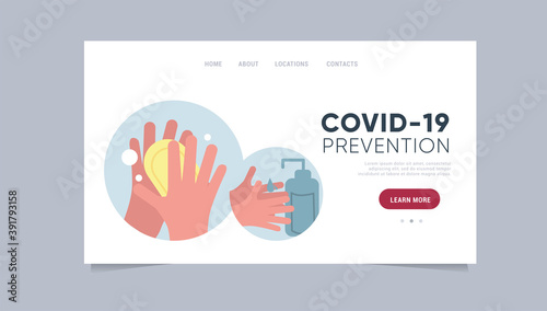 Washing and disinfecting hands. Coronavirus prevention banner. Template for website.