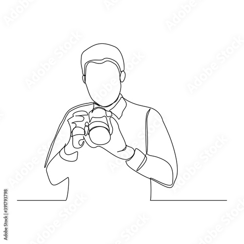 Continuous line drawing of professional man photographer take picture use camera. One line art concept of photography. Vector illustration