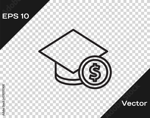 Black line Graduation cap and coin icon isolated on transparent background. Education and money. Concept of scholarship cost or loan, tuition or study fee. Vector..