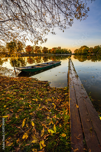 Beautiful autumn colours during sunset at Vestecky rybnik (Vestec pond) near Prague.