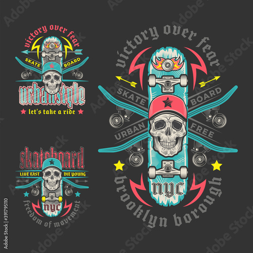Skateboarding emblem set with skull and crossed skyboards. Print graphic and web design. Color vector illustration.