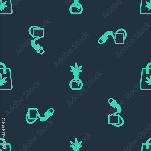 Set line Test tube with marijuana, Watering can and Shopping bag of on seamless pattern. Vector.