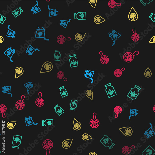 Set line Shopping cart with marijuana, Medical bottle, Location and and Magnifying glass on seamless pattern. Vector.