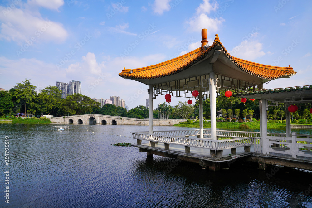 quiet povillon for relaxing in the Liwan Lake park by the lake. Guangzhou, China           