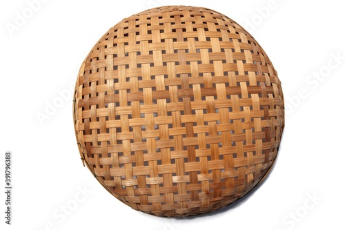 Wicker tray or bamboo basket is Thailand people handmade and old culture isolated on white background closeup.