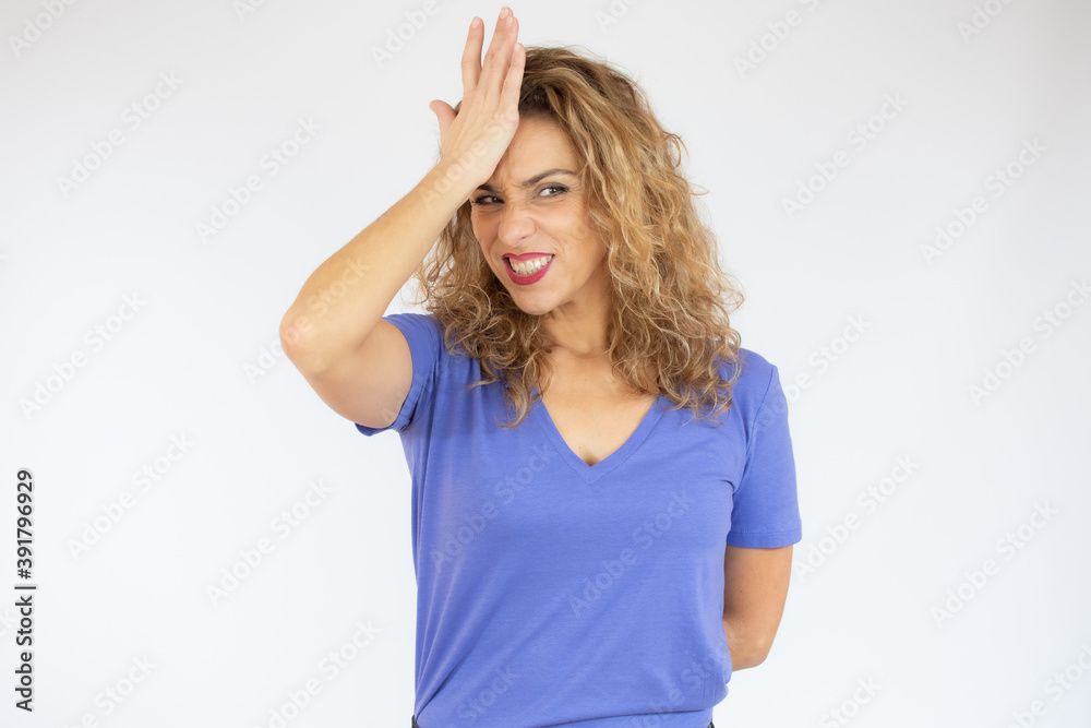 Fototapeta premium Caucasian woman in casual t-shirt over isolated background doing nervous gesture