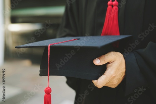Close up picture.Back graduation hats during the graduation ceremony success of University,Celebrate graduation.