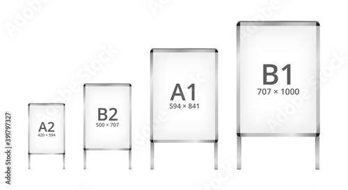 Set of vector empty blank of outdoor or indoor double-sided sandwich advertising stand boards – frame sign isolated on a white background. Sidewalk signboard in different sizes A2, B2, A1, B1.