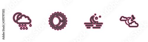 Set line Cloud with rain and moon, Moon stars, Eclipse of the sun and icon. Vector.