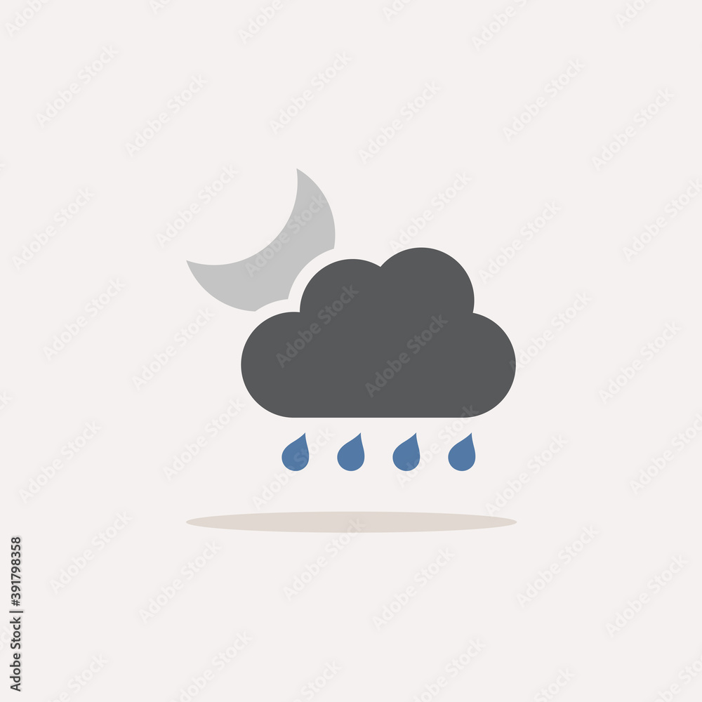 Raindrops, cloud and moon. Color icon with shadow. Weather vector illustration Raindrops, cloud and moon. Color icon with shadow. Weather vector illustration