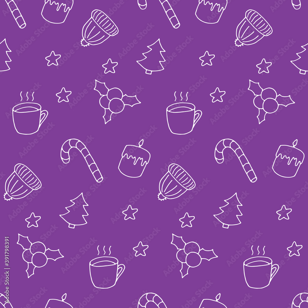 Winter doodle seamless pattern. White elements on purple. Cute hand drawn print. Candle, candy, cup, hat, stars, berries and Christmas tree. Good for wallpaper, textile, gift wrap. Endless design Winter doodle seamless pattern. White elements on purple. Cute hand drawn print. Candle, candy, cup, hat, stars, berries and Christmas tree. Good for wallpaper, textile, gift wrap. Endless design