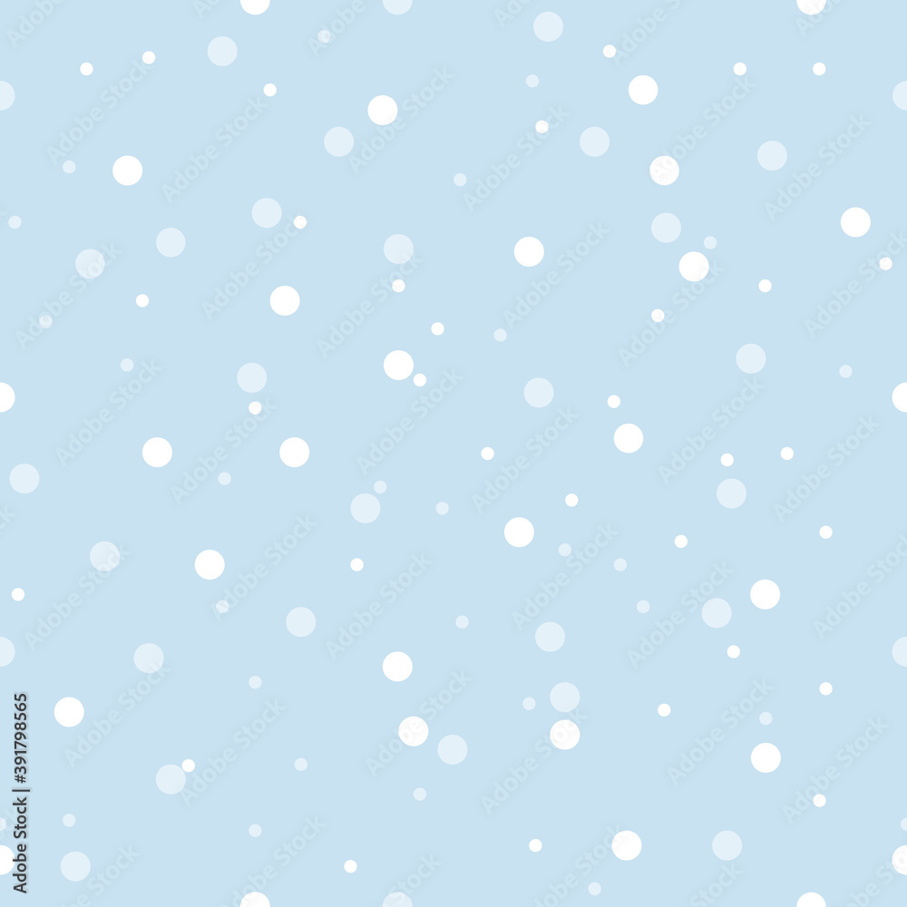 Vector baby blue snowfall seamless pattern background.