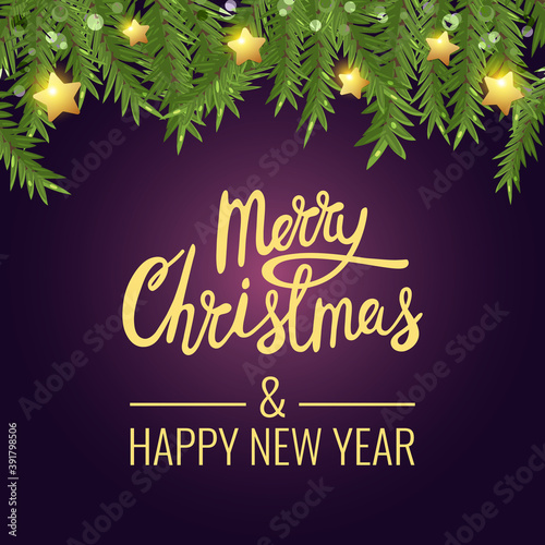 Christmas winter banner with fir branchs and golden stars. Merry Christmas lettering. Vector illustration.