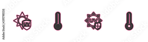 Set line UV protection, , Meteorology thermometer and icon. Vector.