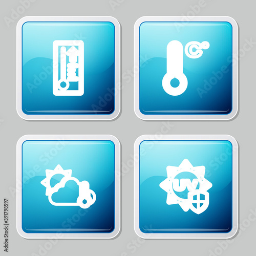 Set line Meteorology thermometer, , Thermometer and cloud, sun and UV protection icon. Vector.