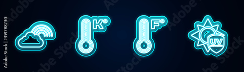 Set line Rainbow with cloud, Meteorology thermometer, and UV protection. Glowing neon icon. Vector.