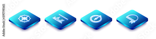 Set Isometric line Wind rose, Sunken ship, Compass and Pirate bandana for head icon. Vector.
