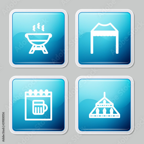 Set line Barbecue grill, Camping tent, Saint Patricks day calendar and Massive steel chandelier icon. Vector.