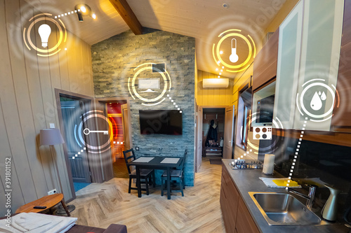 Apartment elements connected to the Smart home system. Manage your home systems using your smartphone or electronic tablet. Internet of smart things. Home automation. photo